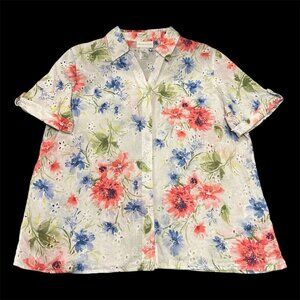 Floral Eyelet Blouse Womens Medium Short Sleeve Spring Coastal Grandma Garden